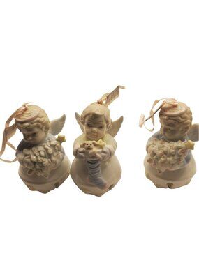 Ceramic Angel Bell Christmas Ornaments Set of 3 Holding Christmas Tree & Stockin